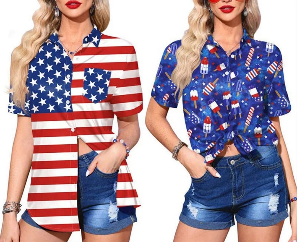 Patriotic Button Down Shirt America Flag Graphic T-Shirt Short Sleeve Clothes